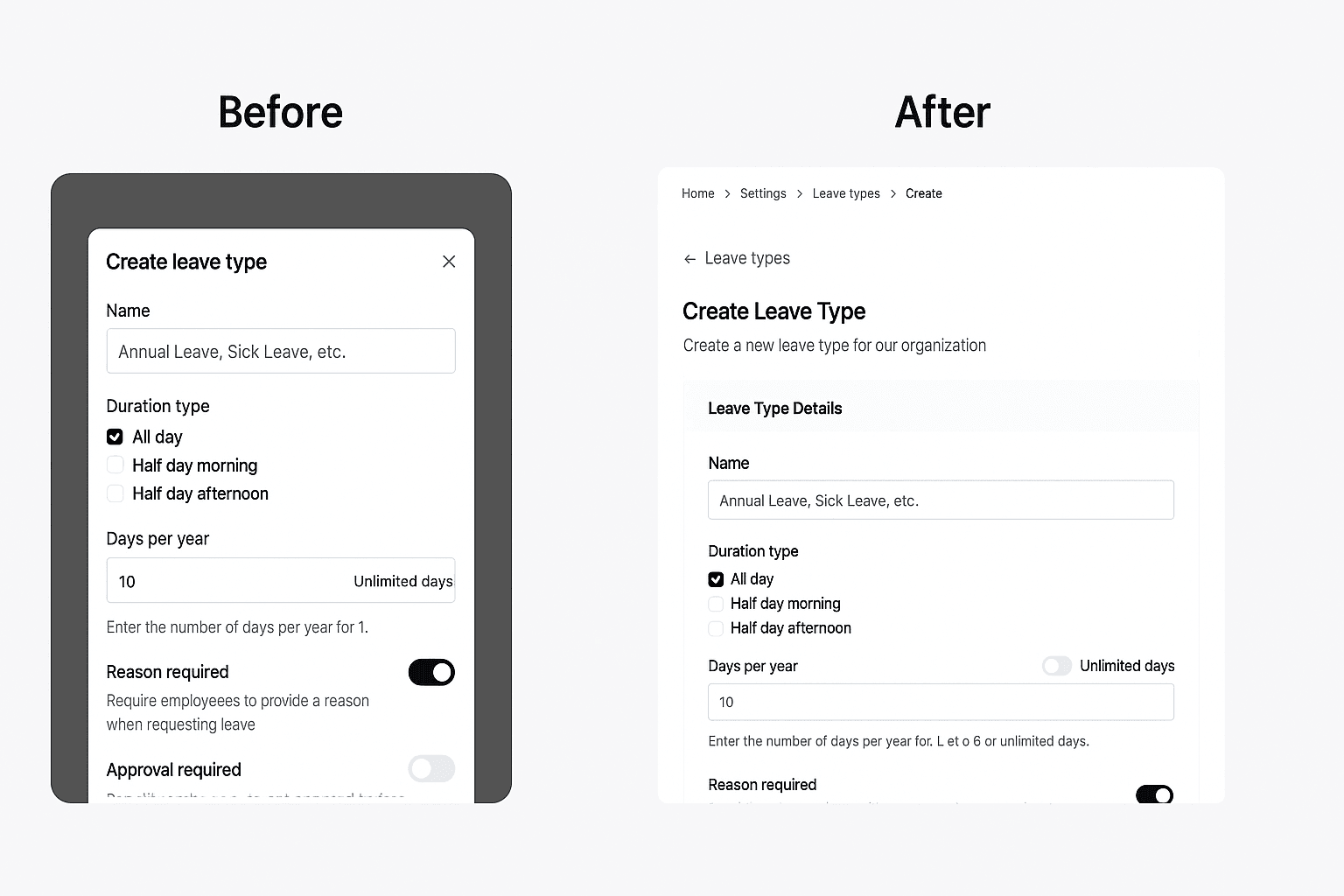 Clearer leave setup and improved settings